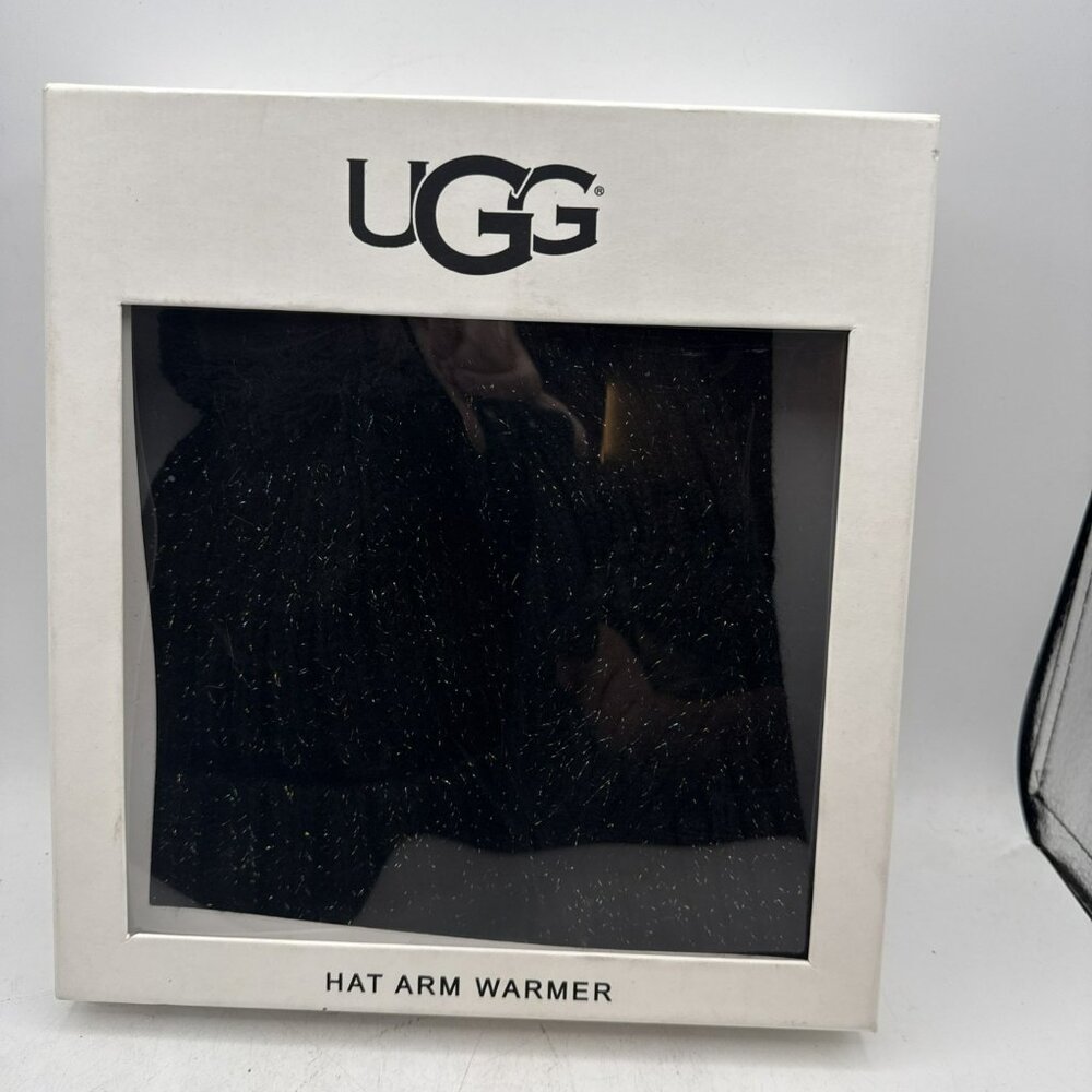 UGG SHIMMER CABLE KNIT POM BEANIE HAT AND ARM WARMERS BLACK METALLIC